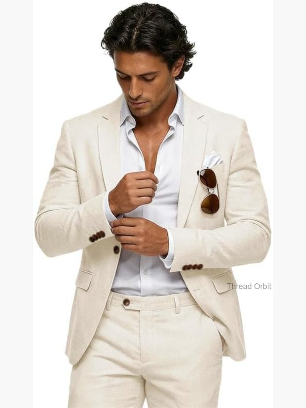 Men's Linen Two Piece Suit Summer Blazer Pants Wedding Business Casual